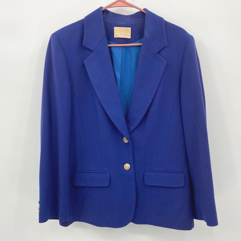 Pendleton Women Blazer Blue 100% Wool Single Breasted Gold Button Size 8 VINTAGE